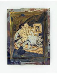 Œuvre picturale présentant une surface texturée avec des motifs graphiques et une figure stylisée, sur fond sombre.