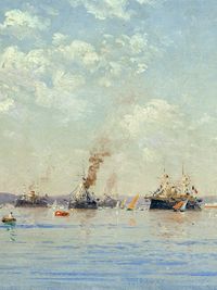 Escadre de navires en rade de Toulon dans une atmosphère brumeuse, silhouettes de bâtiments de guerre et fumées se fondant dans un ciel clair, peinture de François Nardi, 1895