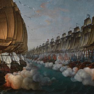 Combat naval de Gondelour en 1783, vaisseaux de ligne échangeant des tirs de canons, fumée dense et mer agitée sous un ciel nocturne, peinture d’Auguste Louis de Rossel, 1791