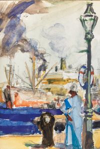 Scène portuaire à l’aquarelle représentant un navire à quai, fumée s’élevant au-dessus du port et silhouette d’un marin au premier plan.