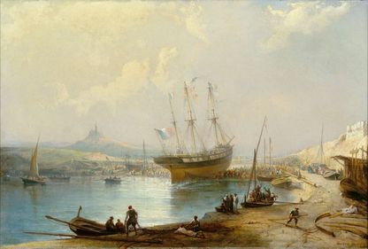 Painting illustrating the launch of the ship Maximus near Marseille in the 19th century, a key moment in shipbuilding.