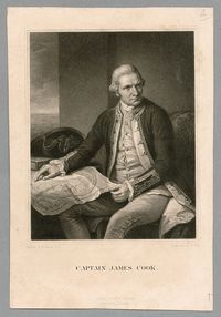 Gravure en noir et blanc représentant le capitaine James Cook (1728-1779), explorateur et navigateur britannique.