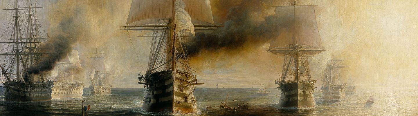 Flotte française en navigation entre Cherbourg et Brest, navires à vapeur et voiliers dans une mer agitée, peinture de Théodore Gudin