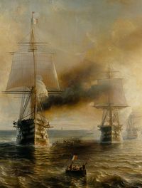 Flotte française en navigation entre Cherbourg et Brest, navires à vapeur et voiliers dans une mer agitée, peinture de Théodore Gudin