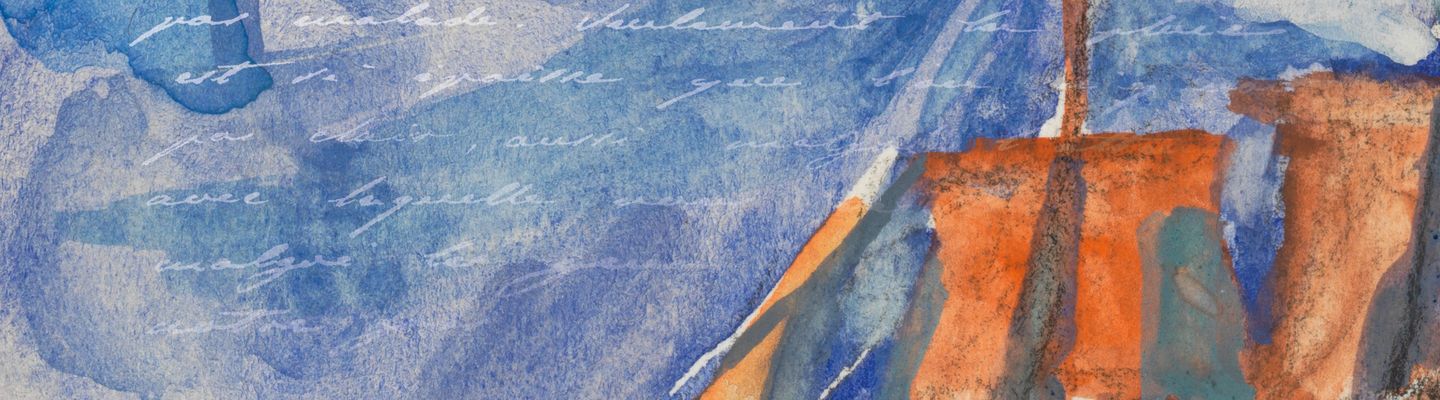 Détail du trois-mâts peint à l’aquarelle, voiles gonflées par le vent sous un ciel tourmenté, annotations manuscrites en marge.