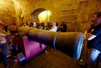 Visite guidée dans une salle voûtée en pierre, autour d’un grand canon ancien exposé sur un affût rouge, au sein du musée, avec un groupe de visiteurs attentifs.