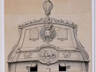 Dessin préparatoire de décoration navale représentant un ornement sculpté symétrique avec figure centrale et motifs végétaux au-dessus de sabords, encre sur papier, XVIIe-XVIIIe siècle