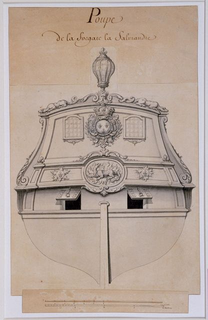 Dessin préparatoire de décoration navale représentant un ornement sculpté symétrique avec figure centrale et motifs végétaux au-dessus de sabords, encre sur papier, XVIIe-XVIIIe siècle