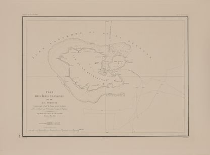 Carte ancienne gravée représentant les contours des îles Vanikoro, avec indications de reliefs et de navigation