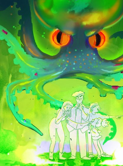 Illustration colorée représentant une famille menacée par un gigantesque kraken vert aux yeux orange, dans le cadre de l’animation Halloween au musée national de la Marine à Toulon.
