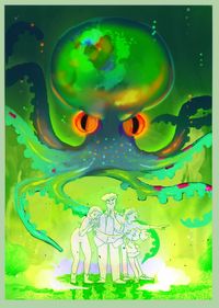 Illustration colorée représentant une famille menacée par un gigantesque kraken vert aux yeux orange, dans le cadre de l’animation Halloween au musée national de la Marine à Toulon.