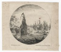 Scène de bataille navale avec plusieurs vaisseaux échangeant des tirs, eau-forte du XVIIe siècle par Matthijs Van Plattenberg
