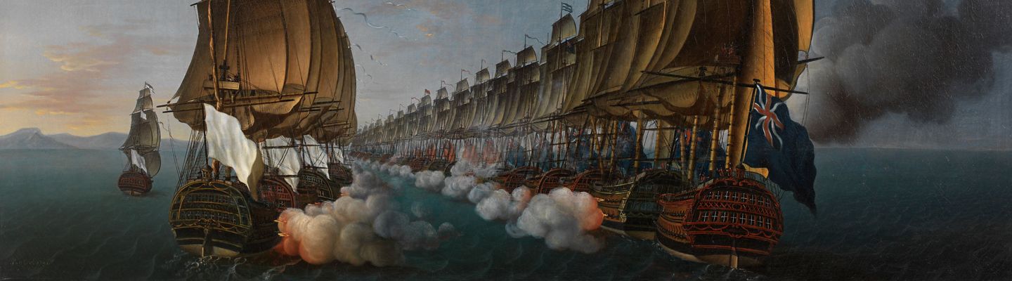 Combat naval de Gondelour en 1783, vaisseaux de ligne échangeant des tirs de canons, fumée dense et mer agitée sous un ciel nocturne, peinture d’Auguste Louis de Rossel, 1791