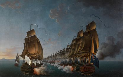 Combat naval de Gondelour en 1783, vaisseaux de ligne échangeant des tirs de canons, fumée dense et mer agitée sous un ciel nocturne, peinture d’Auguste Louis de Rossel, 1791