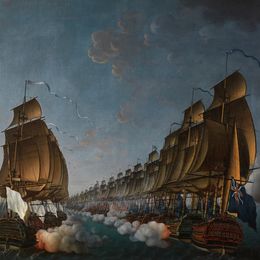 Combat naval de Gondelour en 1783, vaisseaux de ligne échangeant des tirs de canons, fumée dense et mer agitée sous un ciel nocturne, peinture d’Auguste Louis de Rossel, 1791