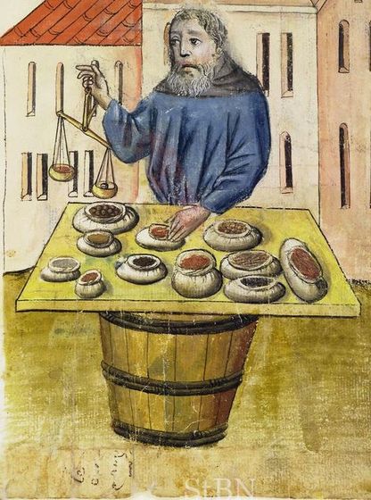 Illustration ancienne représentant un marchand d’épices derrière un étal garni de produits, enluminure médiévale.