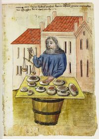 Illustration ancienne représentant un marchand d’épices derrière un étal garni de produits, enluminure médiévale.
