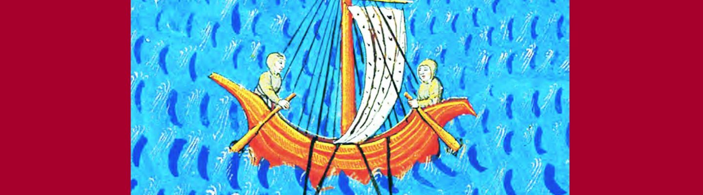 Couverture de l’ouvrage Le voyage de Magellan (1519-1522). La relation d’Antonio Pigafetta & autres témoignages, édition Chandeigne & Lima, illustrée d’une miniature médiévale représentant une embarcation en mer.