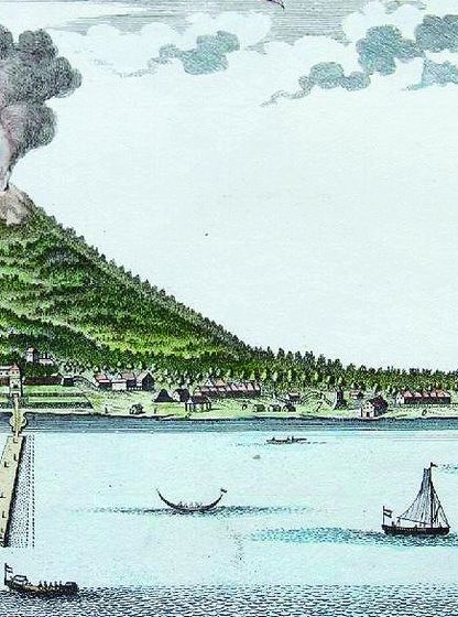 Gravure de Jacques-Nicolas Bellin représentant l’île volcanique de Ternate en Indonésie, 1748