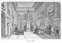 Dessin d'une salle avec un obélisque au centre