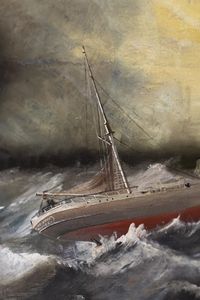 Peinture votive maritime représentant un voilier en détresse dans une mer déchaînée sous un ciel orageux, avec l'inscription « Ex Voto » en haut de l'œuvre.