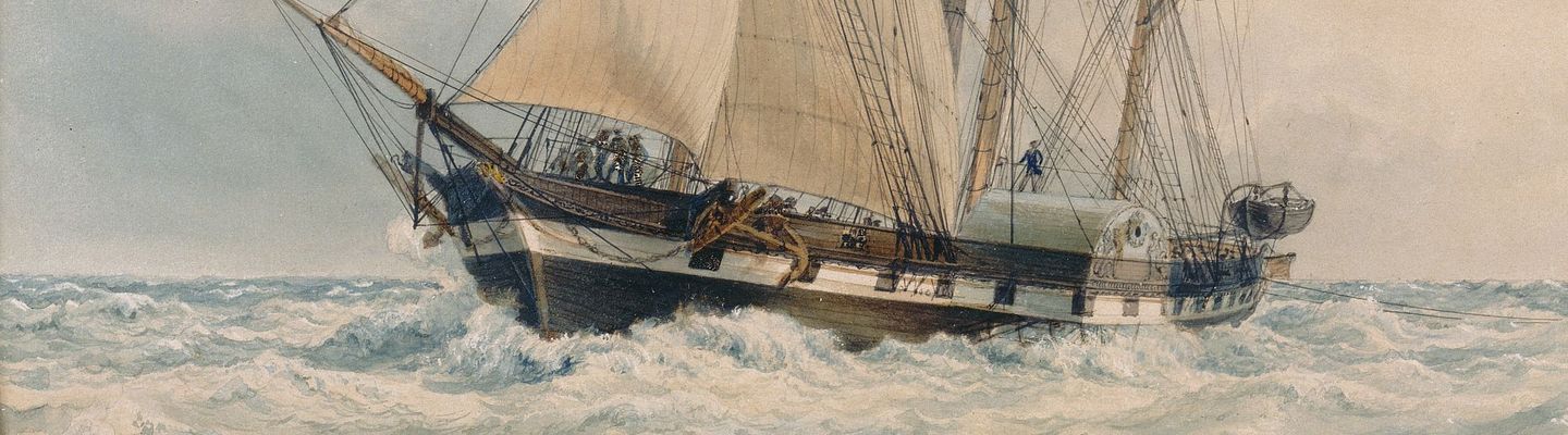 Peinture représentant un voilier trois-mâts naviguant sur une mer agitée, sous un ciel nuageux, dans une palette de tons bleus et gris.