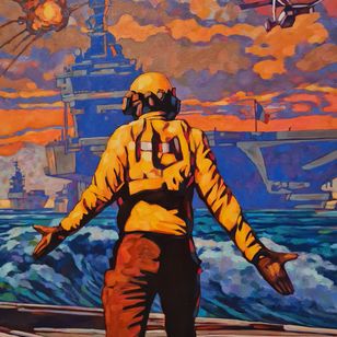 Détail du tableau « Le Facteur humain » de Miles Hyman, montrant de dos le marin en tenue jaune et casque, bras tendus vers l'hélicoptère et l'explosion, avec le porte-avions et la mer en arrière-plan.