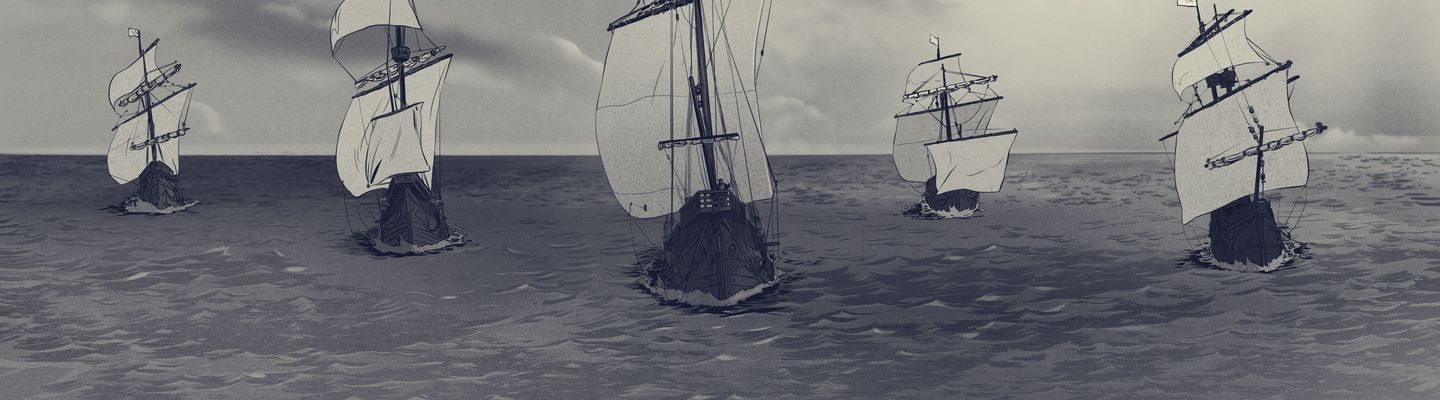 Représentation graphique des cinq navires de l’expédition Magellan voguant sur l’océan sous un ciel menaçant, extraite de la série documentaire animée