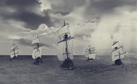 Représentation graphique des cinq navires de l’expédition Magellan voguant sur l’océan sous un ciel menaçant, extraite de la série documentaire animée