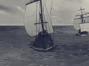 Animated depiction of Magellan’s five ships sailing across the ocean under a dramatic sky, from the series "The Incredible Journey of Magellan"