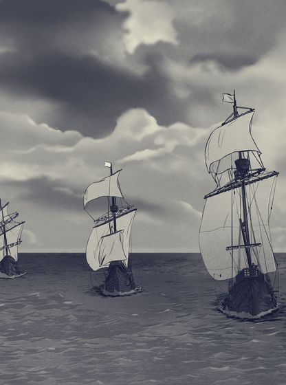 Représentation graphique des cinq navires de l’expédition Magellan voguant sur l’océan sous un ciel menaçant, extraite de la série documentaire animée