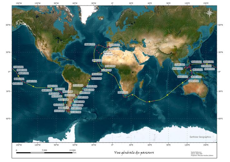 Carte mondiale indiquant le voyage de Magellan, avec de nombreuses annotations situant caps, îles et zones de navigation.