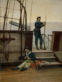 Peinture représentant des matelots à bord du croiseur français Desaix en 1884, scène de vie quotidienne sur un navire de guerre.