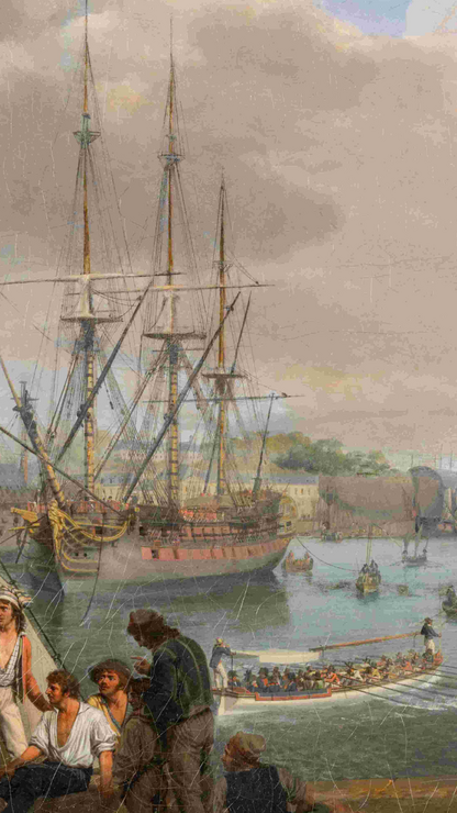 Détail du tableau Vue du port de Brest de Louis-Philippe Crépin : gros plan sur les matelots et le navire amarré près du quai de la Vieille Intendance, avec en arrière-plan les vaisseaux de guerre et la rade de Brest.