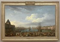 Vue animée du port de Marseille au XVIIIe siècle, avec foule sur les quais, navires à voile et architecture urbaine sous un ciel lumineux, peinture de Joseph Vernet