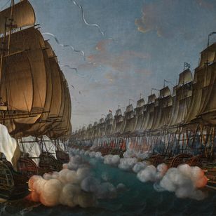 Combat naval de Gondelour en 1783, vaisseaux de ligne échangeant des tirs de canons, fumée dense et mer agitée sous un ciel nocturne, peinture d’Auguste Louis de Rossel, 1791