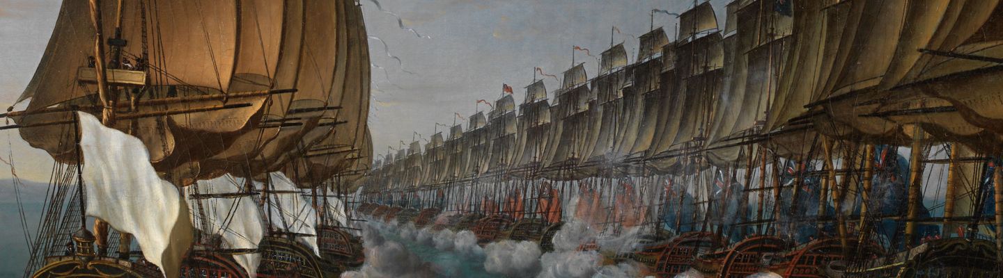 Combat naval de Gondelour en 1783, vaisseaux de ligne échangeant des tirs de canons, fumée dense et mer agitée sous un ciel nocturne, peinture d’Auguste Louis de Rossel, 1791