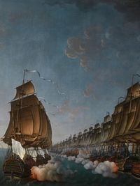 Combat naval de Gondelour en 1783, vaisseaux de ligne échangeant des tirs de canons, fumée dense et mer agitée sous un ciel nocturne, peinture d’Auguste Louis de Rossel, 1791