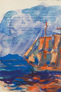 Détail du trois-mâts peint à l’aquarelle, voiles gonflées par le vent sous un ciel tourmenté, annotations manuscrites en marge.