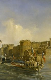 A painting of a river scene with a large ornate boat in the foreground and a castle in the background. The boat is decorated with flags and banners and has a large canopy over the top. The castle is on a hill and has a round tower and battlements. The sky is blue with white clouds. The water is calm and reflects the colors of the sky and the boat.