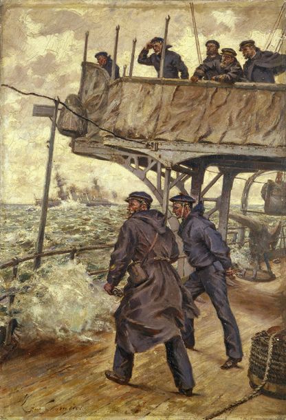 Painting showing a naval squadron at sea in the early 20th century, symbolising naval power.