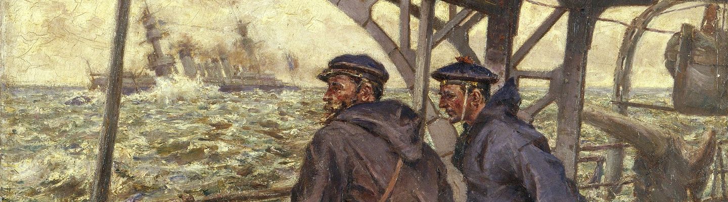 Peinture montrant une escadre de navires de guerre en mer au début du XXᵉ siècle, symbolisant la puissance navale.