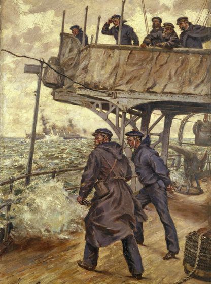 Peinture montrant une escadre de navires de guerre en mer au début du XXᵉ siècle, symbolisant la puissance navale.