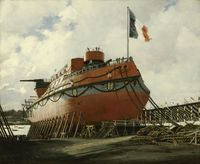 Launch of the battleship Hoche in Lorient, 1886, ship sliding into the water before a crowd, painting by Alexandre Brun.