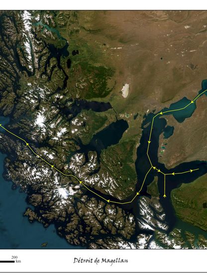 Carte satellite de la Patagonie montrant les fjords, les canaux et les reliefs du sud du Chili, avec les noms et zones géographiques annotés.