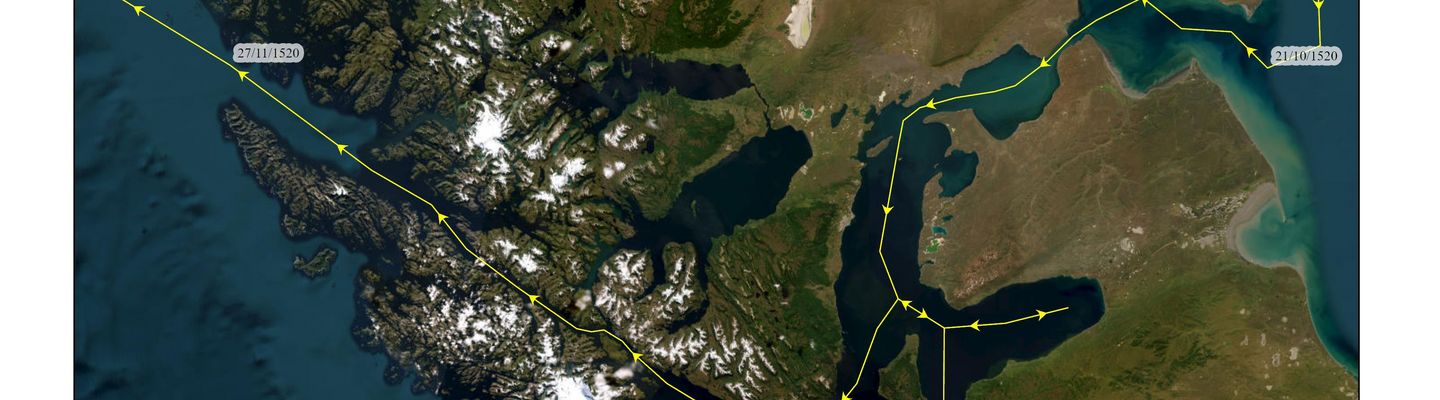 Carte satellite de la Patagonie montrant les fjords, les canaux et les reliefs du sud du Chili, avec les noms et zones géographiques annotés.