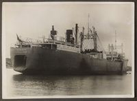 Photographie en noir et blanc du navire baleinier Kosmos, immatriculé à Sandefjord, vu de l’arrière à quai ou au mouillage.