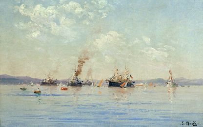 Escadre de navires en rade de Toulon dans une atmosphère brumeuse, silhouettes de bâtiments de guerre et fumées se fondant dans un ciel clair, peinture de François Nardi, 1895