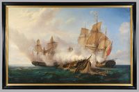 Combat naval entre la frégate Pomone et un navire ennemi, explosions et fumées en mer, scène de bataille peinte par Pierre-Julien Gilbert