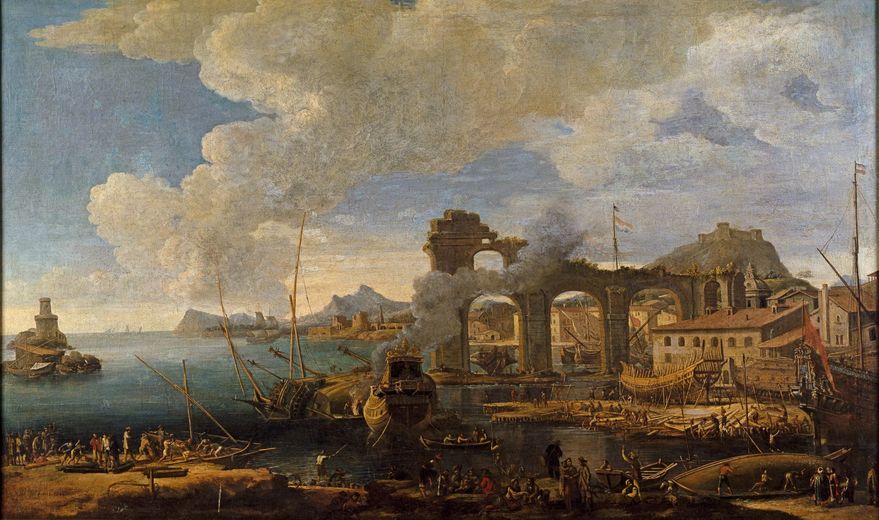 Vue peinte du port de La Ciotat en 1664, montrant les installations portuaires et les navires sous l’Ancien Régime.